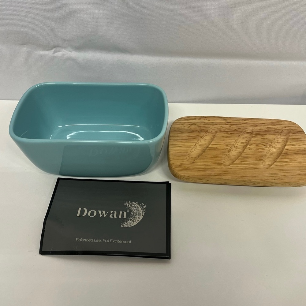 Blue Ceramic Food Container with a Wooden Lid
